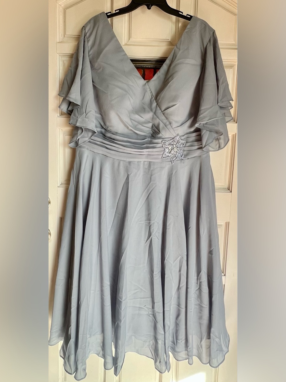 V-Neck Light Blue Gray Chiffon Dress with Beaded Waist Accent